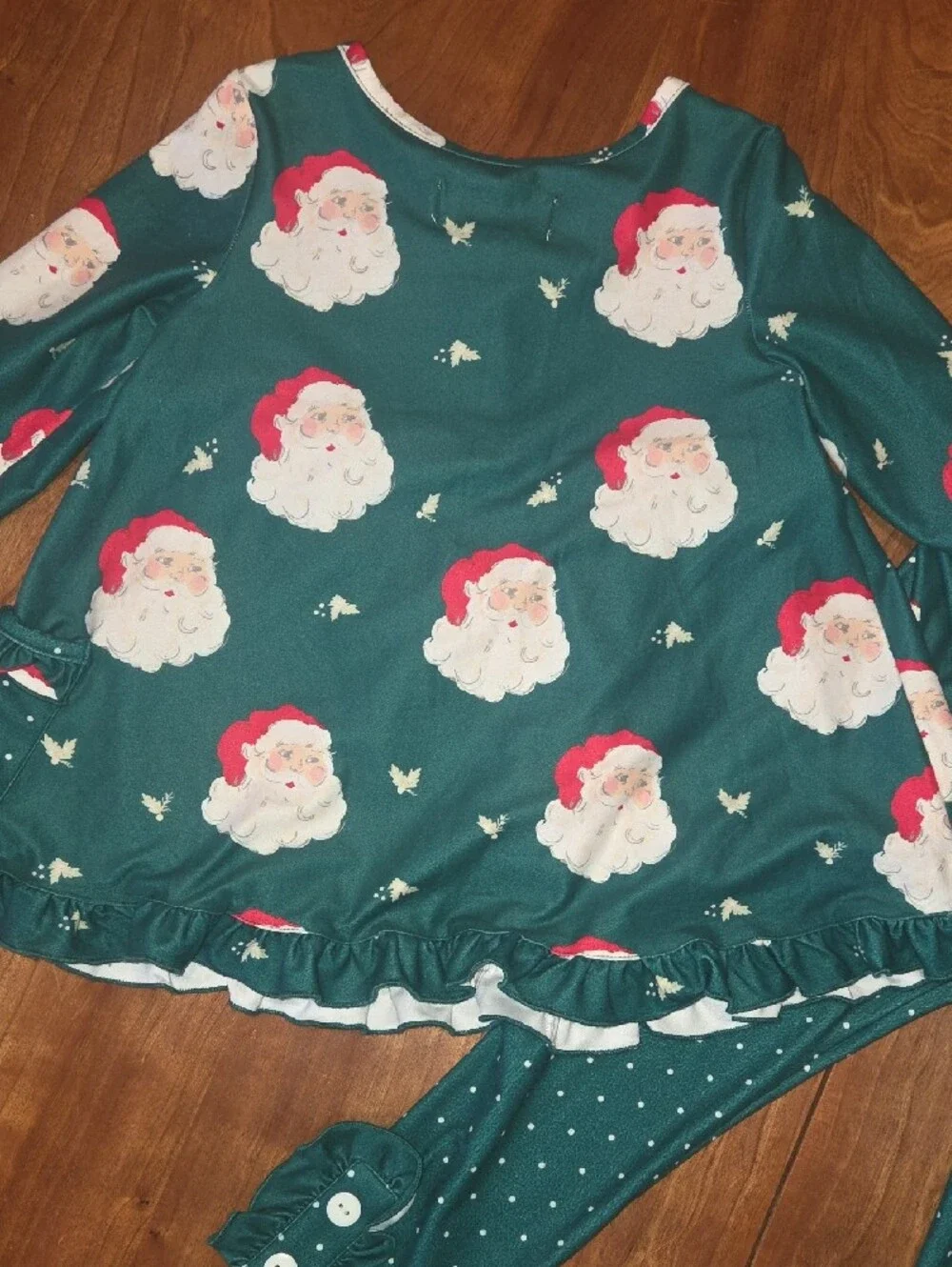 Girls Green Santa Print Pajama Set with Ruffle Top and Polka Dot Leggings